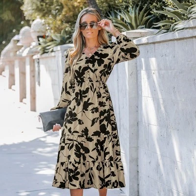 Women's Floral Print V-Neck Ruffled Midi Dress - Cupshe 1 Women's Floral Print V-Neck Ruffled Midi Dress - Cupshe