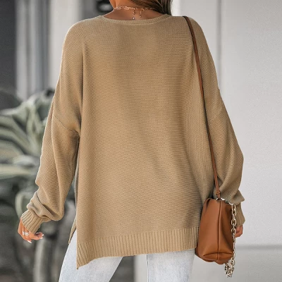Women's V Neck Split Trim Oversized Sweater - Cupshe -Light Brown 2 Women's V Neck Split Trim Oversized Sweater - Cupshe -Light Brown - Image 2