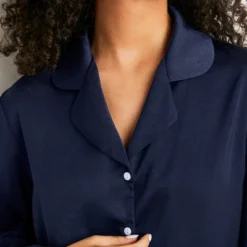 Women's Blue Satin Collared Pajama Top & Pants Set - Cupshe