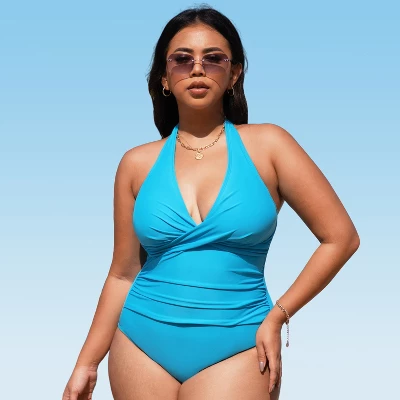 Women's Plus Size Halter Ruched One Piece Swimsuit - Cupshe 3 Women's Plus Size Halter Ruched One Piece Swimsuit - Cupshe - Image 3