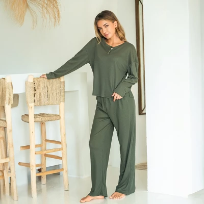 Women's Cozy Ribbed Knit Olive Green Loungewear Pajama Set - Cupshe 4 Women's Cozy Ribbed Knit Olive Green Loungewear Pajama Set - Cupshe - Image 4