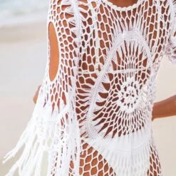 Women's Floral Crochet With Fringe Trim Cover Up Above Knee Length Beachwear- Cupshe