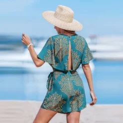 Women's Teal Leaf Print Wrap Romper With Flutter Sleeves - Cupshe -BLAZER GUEST 16f81858 4306 41ec 8eef e4a8f7f3c035
