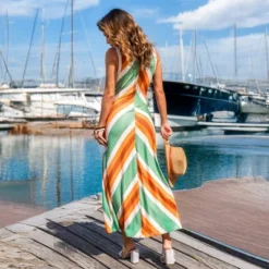 Women's Vibrant Striped Maxi Dress With Plunging Neckline - Cupshe