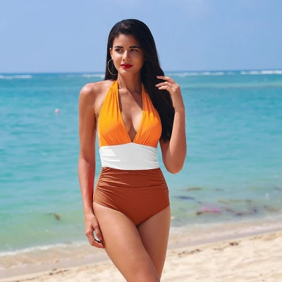 Women's Colorblock Halter Backless Ruched One Piece Swimsuit - Cupshe 5 Women's Colorblock Halter Backless Ruched One Piece Swimsuit - Cupshe - Image 5