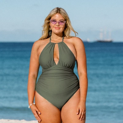 Women's Green Plus Size One Piece Ruched Cutout Halter Self Tied Bathing Suit - Cupshe -Olive 1 Women's Green Plus Size One Piece Ruched Cutout Halter Self Tied Bathing Suit - Cupshe -Olive