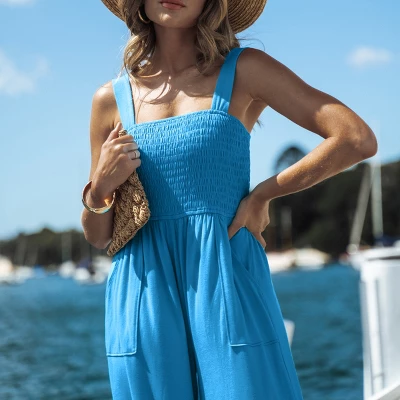 Women's Straight Neck Wide Straps Smocked Wide Leg Jumpsuit - Cupshe 5 Women's Straight Neck Wide Straps Smocked Wide Leg Jumpsuit - Cupshe - Image 5