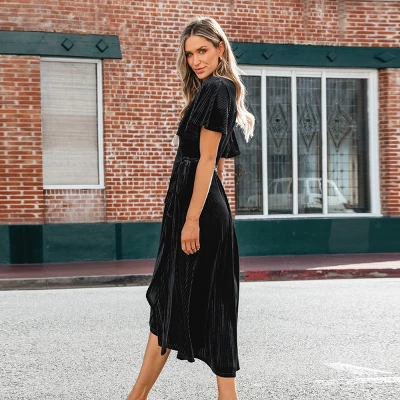 Women's Festive Ribbed Velvet Belted Midi Fall Dress -Cupshe 3 Women's Festive Ribbed Velvet Belted Midi Fall Dress -Cupshe - Image 3