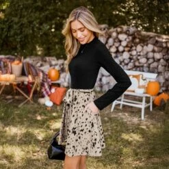 Women's Black Ribbed Knit Top Abstract Print Skirt Mini Fall Dress - Cupshe