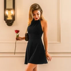 Women's Black Elegant Halter Mini Dress - Cupshe