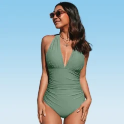 Women's Plunge Halter Backless Ruched One Piece Swimsuit - Cupshe -BLAZER GUEST 22be4862 7583 4109 b529 7d9b3202a86f