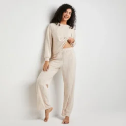 Women's Beige Ribbed Knit Long Sleeve Top & Pants Pajama Set - Cupshe -BLAZER GUEST 254178d6 eb4d 49ed adc0 f6be0db6c4b3