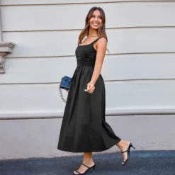 Women's Elegant Black Ruched Bodice Maxi Wedding Guest Dress - Cupshe