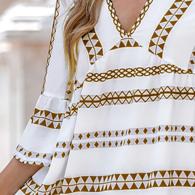 Women's Geo Print V-Neck Long Sleeve Mini Dress - Cupshe 2 Women's Geo Print V-Neck Long Sleeve Mini Dress - Cupshe - Image 2