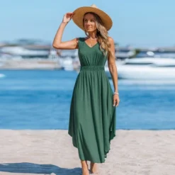 Women's Elegant Sleeveless Ruched Waist Beach Maxi Dress - Cupshe