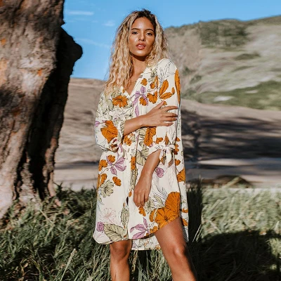 Women's Long Sleeve Floral Buttoned Shirt Dress- Cupshe -Orange/White 1 Women's Long Sleeve Floral Buttoned Shirt Dress- Cupshe -Orange/White