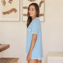 Women's Sky Blue Short Sleeve Pajama Set With Lace Trim - Cupshe