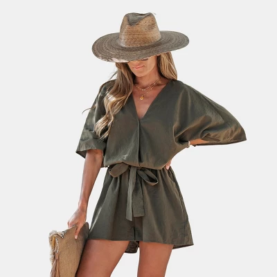 Women's Belted Surplice Short Romper - Cupshe 5 Women's Belted Surplice Short Romper - Cupshe - Image 5