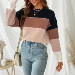 Women's Long Sleeve Colorblock Knit Round Neck Sweater - Cupshe