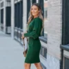 Women's Cozy Emerald Green Knit Blouson Sleeve Sweater Dress -Cupshe