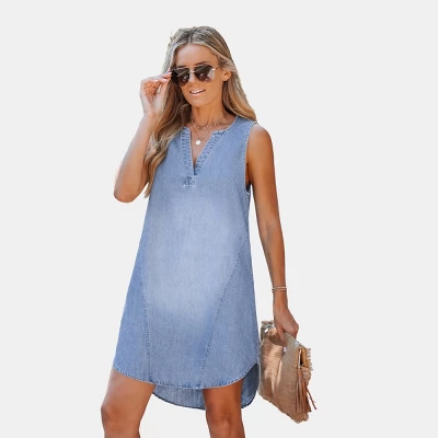 Women's Denim V-Neck Mini Dress - Cupshe 8 Women's Denim V-Neck Mini Dress - Cupshe - Image 8
