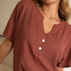 Women's Soft Ribbed Henley & Shorts Pajama Set -Cupshe -BLAZER GUEST 32e8adbd 746e 4972 873e 1a2d32cb40fd