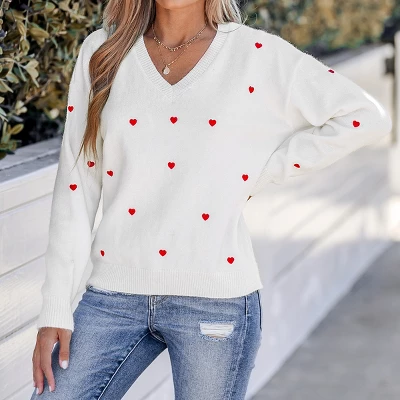 Women's Embroidered Heart V-Neck Sweater - Cupshe 5 Women's Embroidered Heart V-Neck Sweater - Cupshe - Image 5