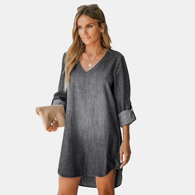 Women's Stonewash Denim V-Neck Mini Dress - Cupshe 8 Women's Stonewash Denim V-Neck Mini Dress - Cupshe - Image 8