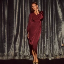 Women's Elegant Satin Surplice Draped Tulip Hem Midi Dress - Cupshe