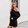 Women's Black Elegant Off-Shoulder Ribbed Knit Sweater Mini Fall Dress - Cupshe