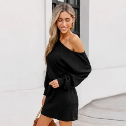 Women's Black Elegant Off-Shoulder Ribbed Knit Sweater Mini Fall Dress - Cupshe