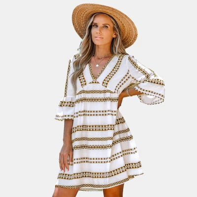 Women's Geo Print V-Neck Long Sleeve Mini Dress - Cupshe 5 Women's Geo Print V-Neck Long Sleeve Mini Dress - Cupshe - Image 5