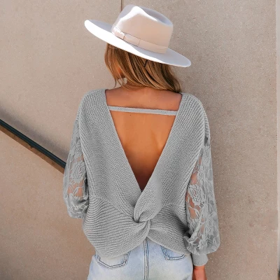 Women's Rib Contrast Floral Lace Rib Sweater - Cupshe 4 Women's Rib Contrast Floral Lace Rib Sweater - Cupshe - Image 4