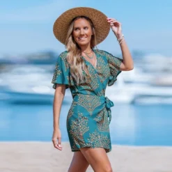 Women's Teal Leaf Print Wrap Romper With Flutter Sleeves - Cupshe -BLAZER GUEST 3a5cf729 6653 401c a1c4 02345c092089