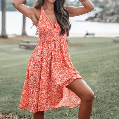 Women's Floral Smocking Halter A Shape Dress - Cupshe 1 Women's Floral Smocking Halter A Shape Dress - Cupshe