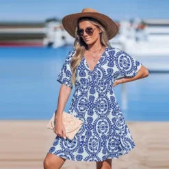 Women's Boho Chic Blue And White Printed Beach Dress - Cupshe