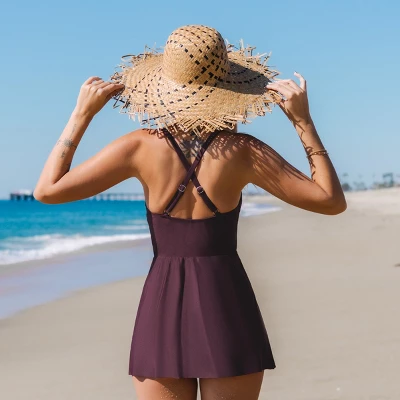 Women's Ruched Cross Back Swim Dress - Cupshe 2 Women's Ruched Cross Back Swim Dress - Cupshe - Image 2