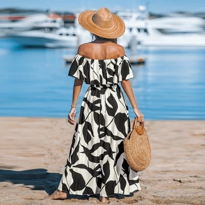 Women's Off-Shoulder Ruffle Smoked Waist Printed Maxi Dress - Cupshe 1 Women's Off-Shoulder Ruffle Smoked Waist Printed Maxi Dress - Cupshe