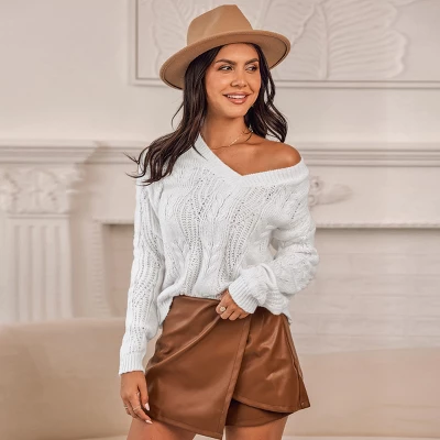 Women's Cable Knit V-Neck Sweater - Cupshe 1 Women's Cable Knit V-Neck Sweater - Cupshe
