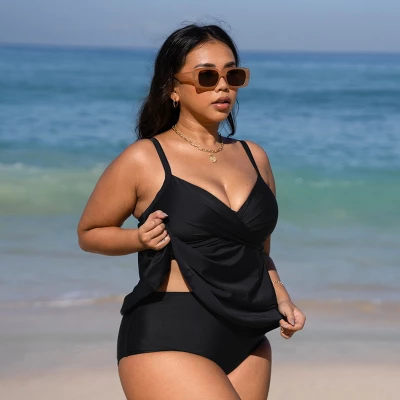 Women's V Neck Wrapped Plus Size Tankini Set - Cupshe 2 Women's V Neck Wrapped Plus Size Tankini Set - Cupshe - Image 2