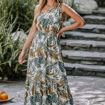 CUPSHE Women's Tropical Leaf One-Shoulder A-shape Dress 4 CUPSHE Women's Tropical Leaf One-Shoulder A-shape Dress - Image 4