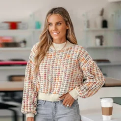 Women's Rainbow Stitching Drop Sleeve Cropped Sweater - Cupshe -BLAZER GUEST 48e4dfb5 ebc5 4258 a5a0 d90b94b28a11