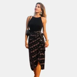 Women's Black Floral Print Sleeveless Midi Dress With Waist Tie - Cupshe