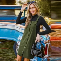 Women's Olive Green Corduroy Button-Front Pinafore Dress - Cupshe