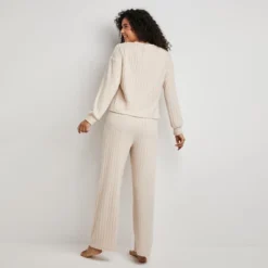 Women's Beige Ribbed Knit Long Sleeve Top & Pants Pajama Set - Cupshe -BLAZER GUEST 4c4b7084 d6b7 4014 adec 8976cf3cb047