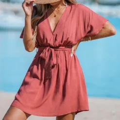 Women's V-neck Belted Short Sleeve Mini Wrap Dress - Cupshe -BLAZER GUEST 4f3efa1a c85b 4ea4 9b0f 10ed4c354f89