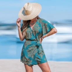 Women's Teal Leaf Print Wrap Romper With Flutter Sleeves - Cupshe
