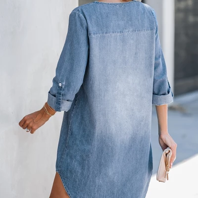 Women's Stonewash Denim V-Neck Mini Dress - Cupshe 4 Women's Stonewash Denim V-Neck Mini Dress - Cupshe - Image 4