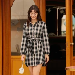 Women's Belted Plaid Mini Shirt Dress - Cupshe