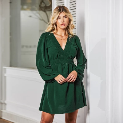 Women's Green V-Neck Mini Dress With Puff Sleeves - Cupshe 3 Women's Green V-Neck Mini Dress With Puff Sleeves - Cupshe - Image 3
